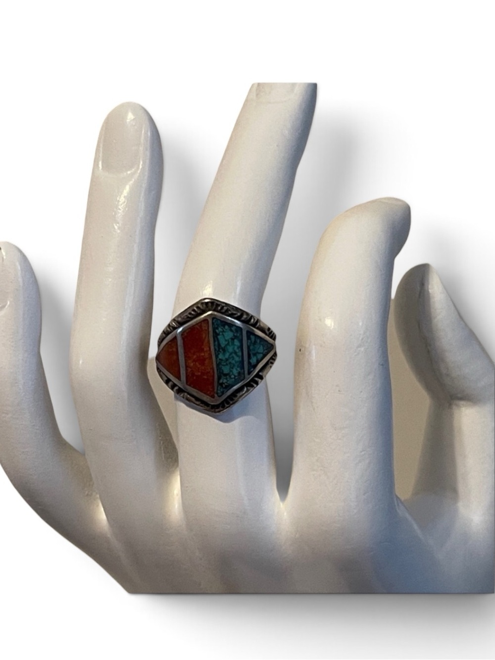1950’s Navajo “Old Pawn” Crushed Turquoise & Red Coral Sterling Silver Ring